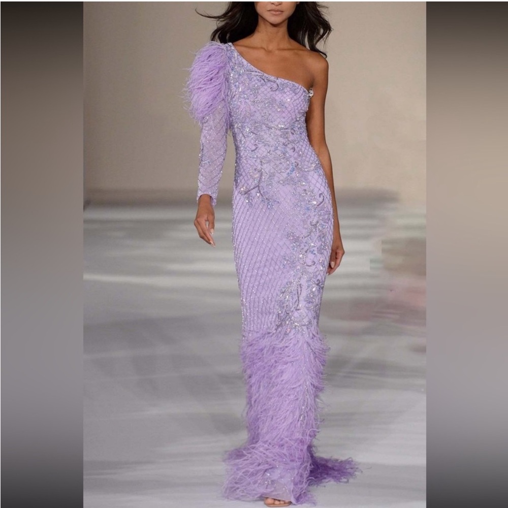 Sherri Hill 54982 Asymmetric Feather Long Dress Size 0